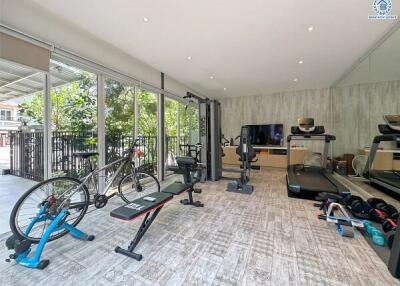 Spacious home fitness room with modern equipment and large windows