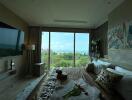 Spacious bedroom with panoramic window view