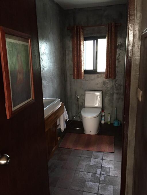 A bathroom with a toilet, sink, and window.