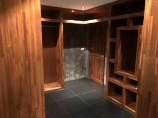 Modern wooden walk-in closet with built-in shelves and dark flooring