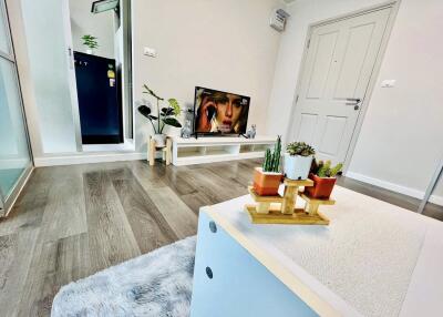 Modern living room with wooden flooring, a small TV, and indoor plants.