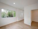 Bright empty bedroom with large windows