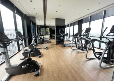 Spacious gym with large windows and modern exercise equipment