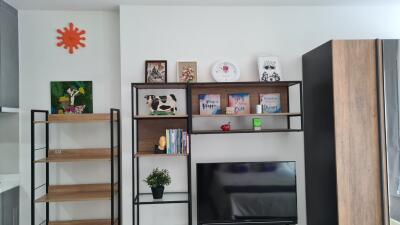 Living room with a bookshelf, decor, and television