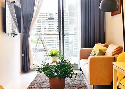 Modern living room with a large window, sofa, indoor plants, and a city view