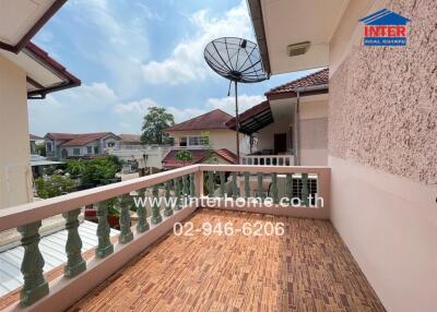 Bright and spacious balcony with tiled floor and scenic view
