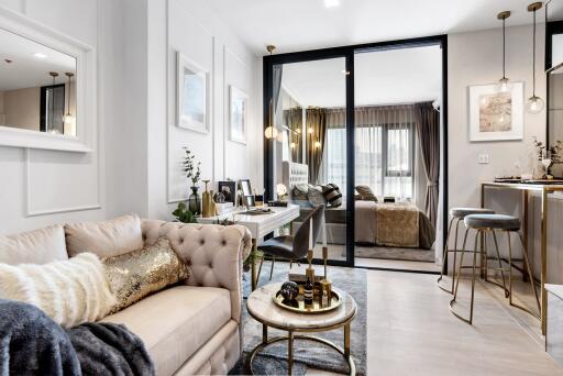 Modern living room with a view into the bedroom