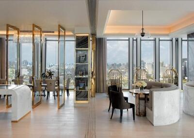 Modern spacious living and dining area with city view