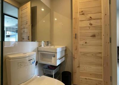 Modern bathroom with wooden door and fixtures