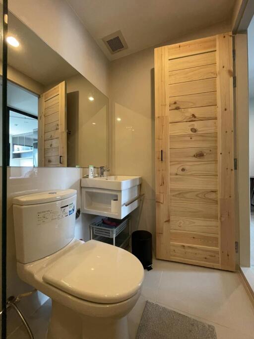 Modern bathroom with wooden door and fixtures