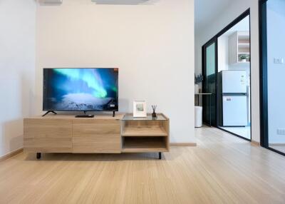 Modern living room with TV and wooden furniture