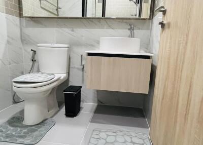 Modern bathroom with toilet, sink, mirror cabinet, and bath mats