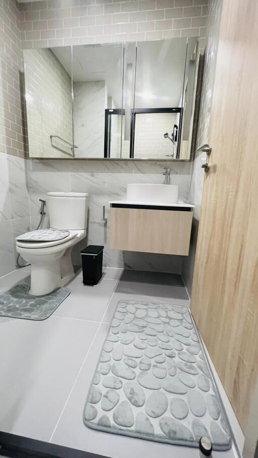 Modern bathroom with toilet, sink, mirror cabinet, and bath mats