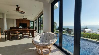 Living area with large windows and pool view