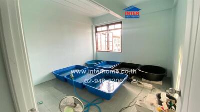 Room with multiple blue plastic tubs and a window