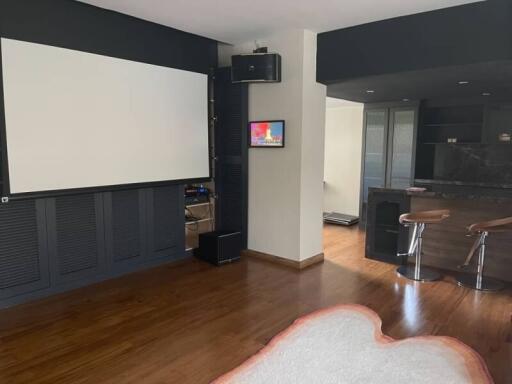 Modern living room with home theater setup and bar area