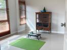 Bright living room with green mat and wooden cabinet