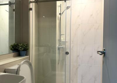 Modern bathroom with toilet, sink, glass shower enclosure, and potted plant