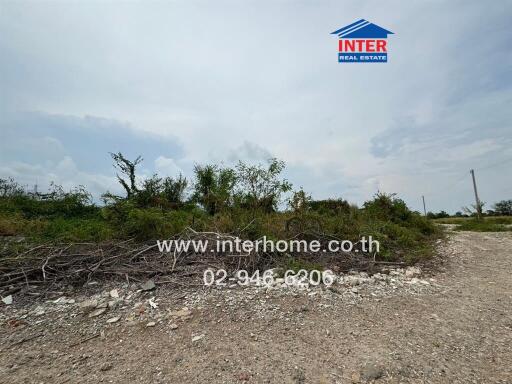 Vacant land with some vegetation and debris, clear sky