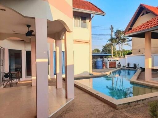 Outdoor area with swimming pool and covered patio