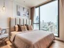 Modern bedroom with large window and city view