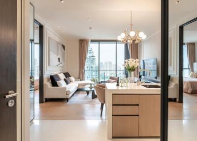 Modern living room with a view of the city skyline