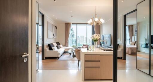 Modern living room with a view of the city skyline