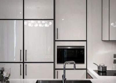 Modern kitchen with white cabinetry, built-in appliances, and a sink