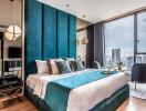 Stylish modern bedroom with large window and city view