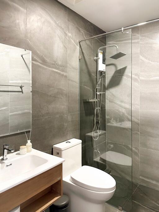 Modern bathroom with glass shower enclosure