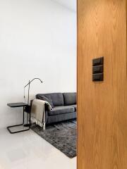 Modern living room with a gray sofa, contemporary floor lamp, side table, and a light wood door with light switches.