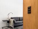 Modern living room with a gray sofa, contemporary floor lamp, side table, and a light wood door with light switches.