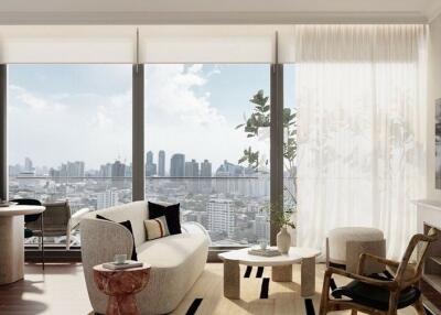 Spacious living room with a city view, modern furniture, and large windows