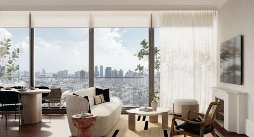 Spacious living room with a city view, modern furniture, and large windows
