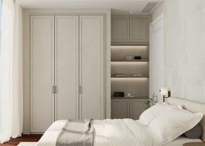 Modern bedroom with a bed, wardrobe, and city view
