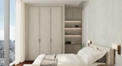 Modern bedroom with a bed, wardrobe, and city view