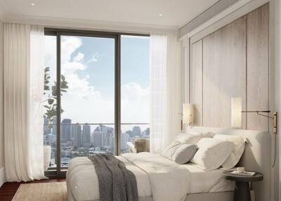Modern bedroom with large window and cityscape view