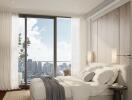 Modern bedroom with large window and cityscape view