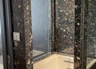 Bathroom with bathtub and dark marble tiles