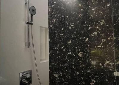 Modern bathroom with a wall-mounted shower and black marbled tiles