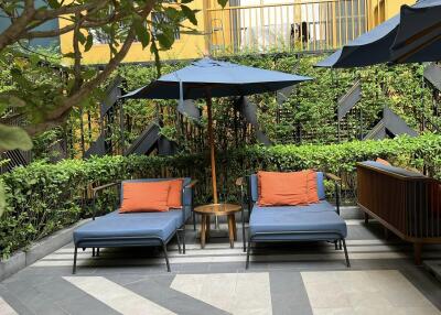 Outdoor seating area with lounge chairs and umbrellas