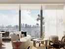 Modern living room with city view, contemporary furniture, and natural light