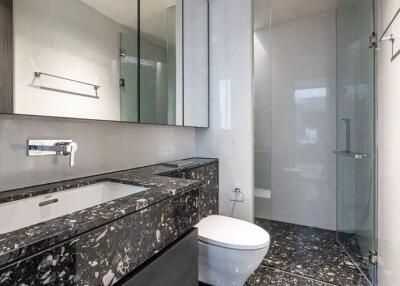 Modern bathroom with black marble countertop and glass shower
