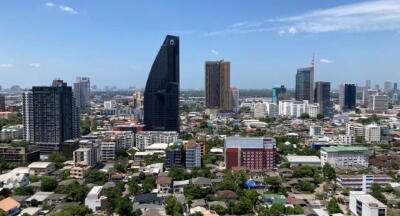 Skyline view of a city with several high-rise buildings