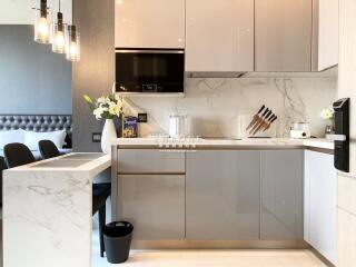 Modern kitchen with breakfast bar and adjacent bedroom