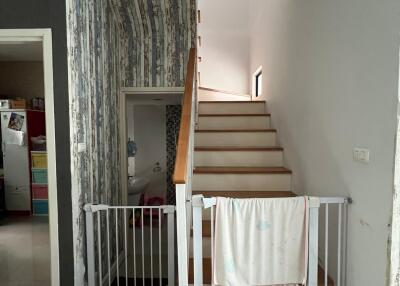 Modern house staircase with safety gate and decorative wallpaper