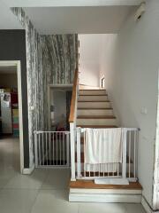 Modern house staircase with safety gate and decorative wallpaper