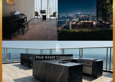 Spacious room with piano, scenic night view, and modern rooftop kitchen