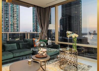 Modern living room with a view of city skyscrapers