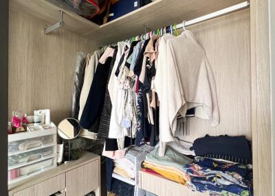 Organized closet with hanging clothes and storage boxes